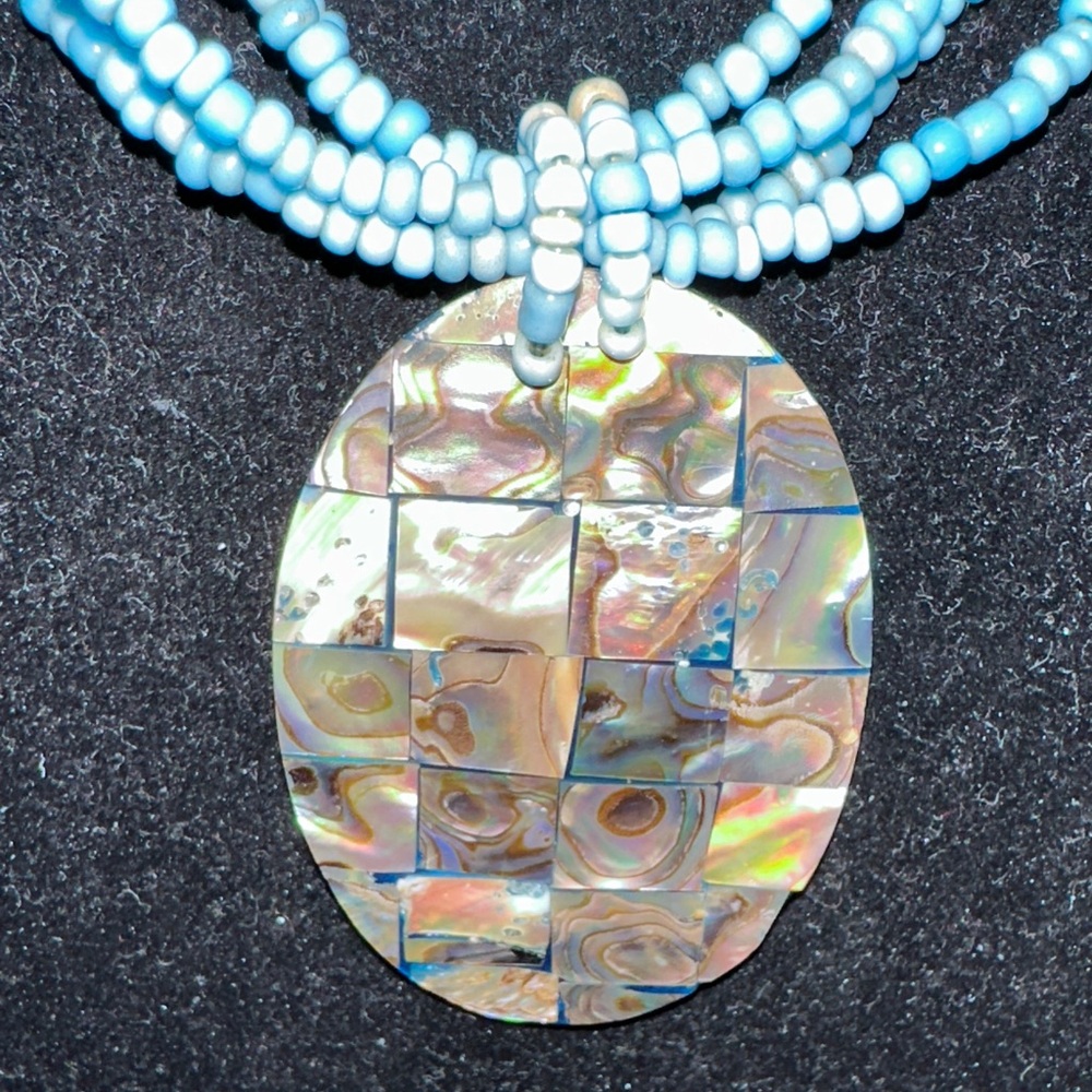 Aqua Blue Beaded Necklace with Abalone Pendant - Picture 2 of 3
